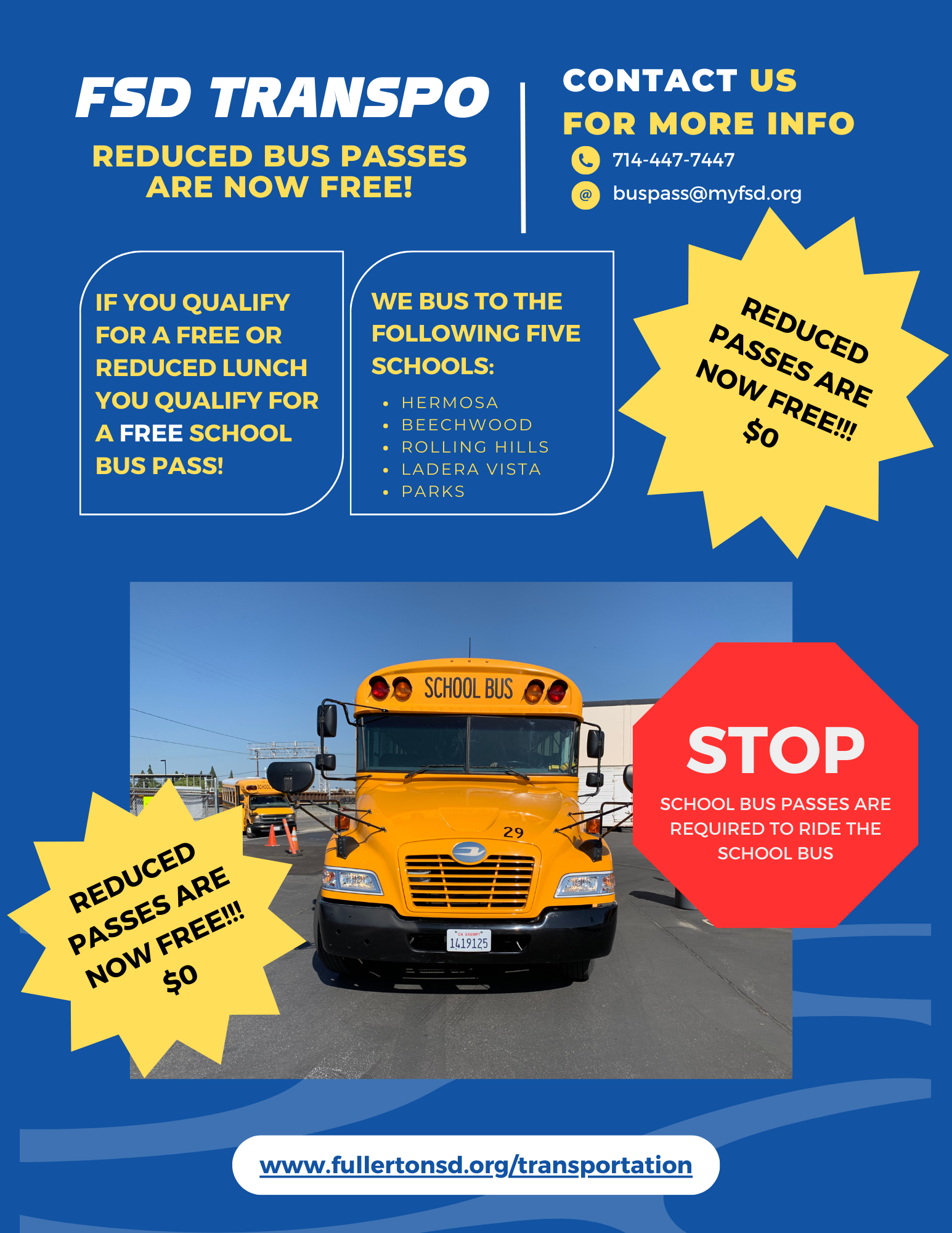 If you qualified for a reduced lunch you now are qualified for a free bus pass.  Please contact 714.447.7447